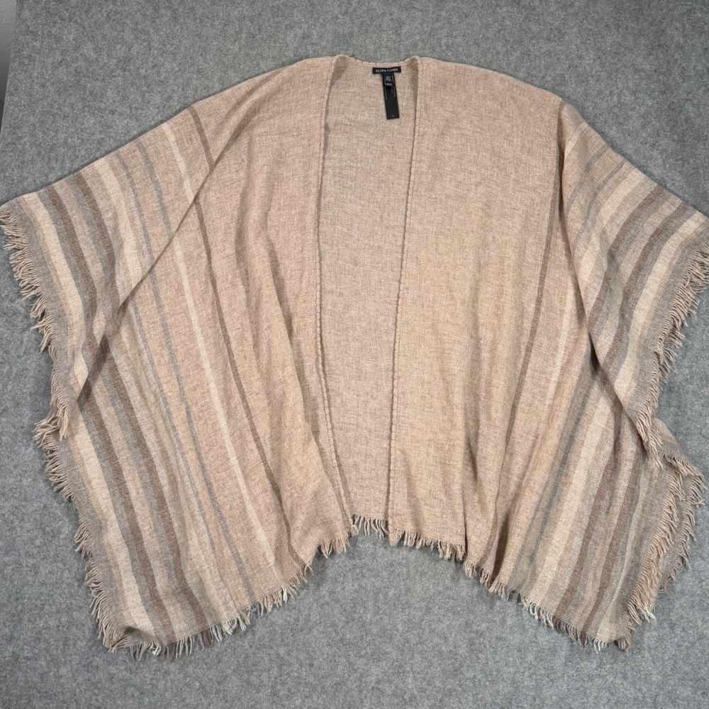 Eileen Fisher Tan Wool Blend Striped Fringe Poncho Wrap Cardigan Sweater Cape OS